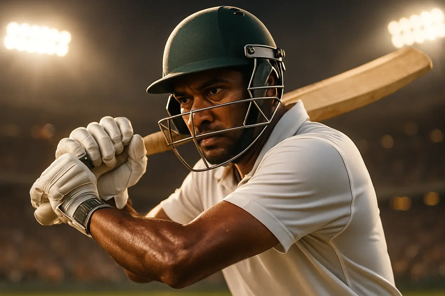 Bangladeshi male cricket batsman in white kit mid-swing under stadium lights