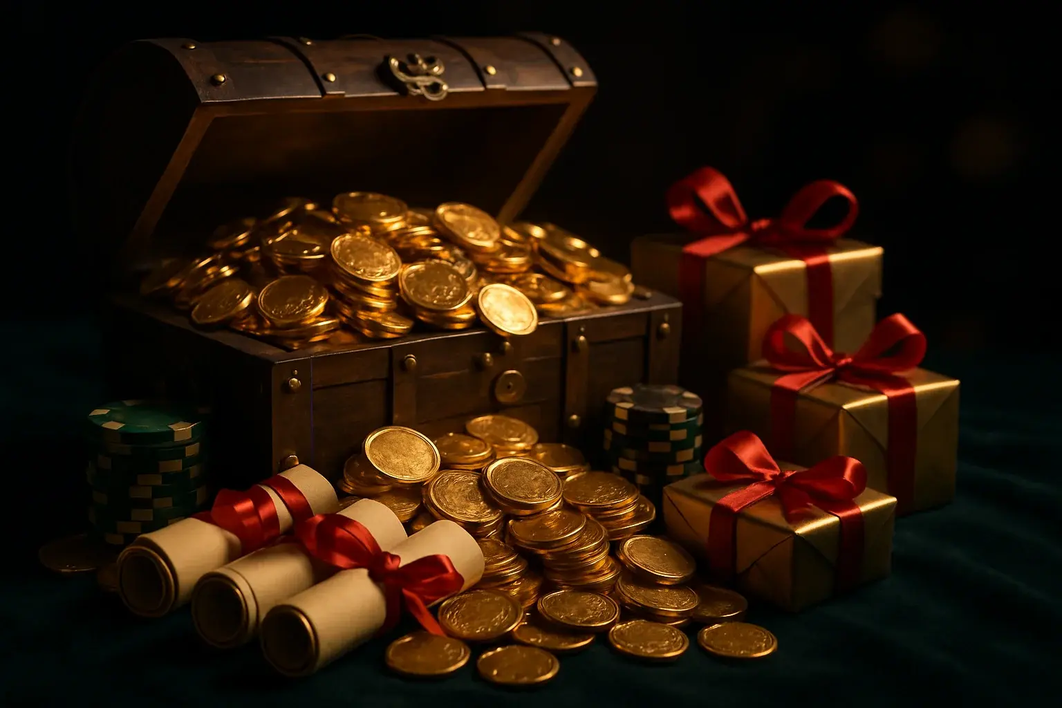 Overflowing treasure chest with coins, casino chips, vouchers, and gift boxes