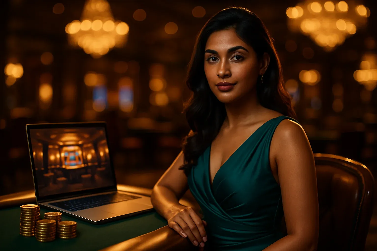Elegant Bangladeshi woman at luxury online casino lounge with laptop and chips