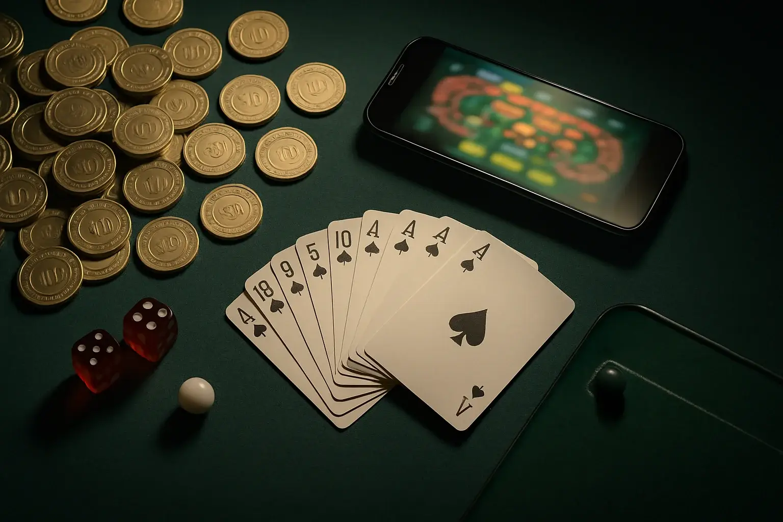 Top-down casino table with gold chips, cards, dice, roulette ball, smartphone