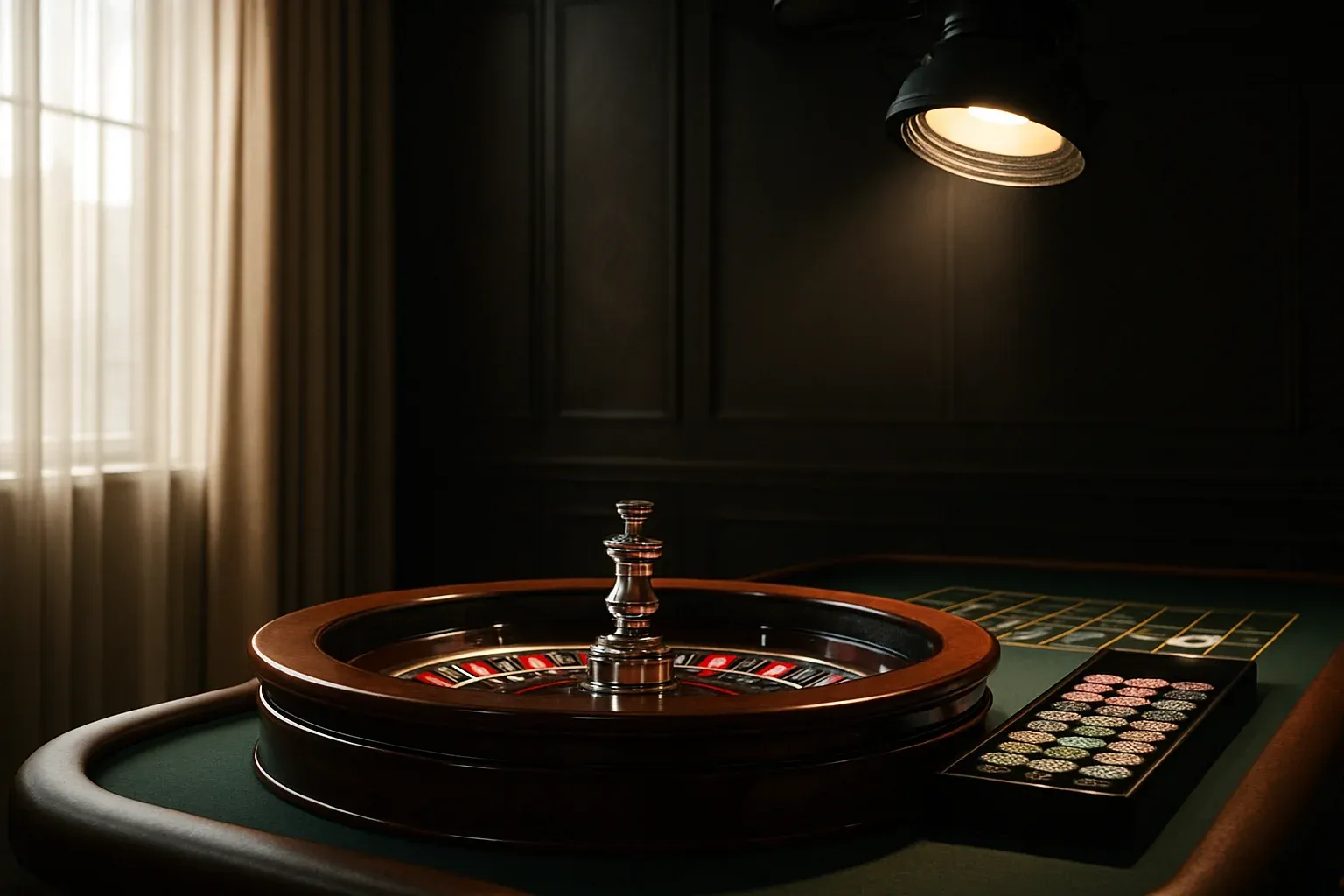 Hyperrealistic live casino studio with empty roulette table and dramatic lighting