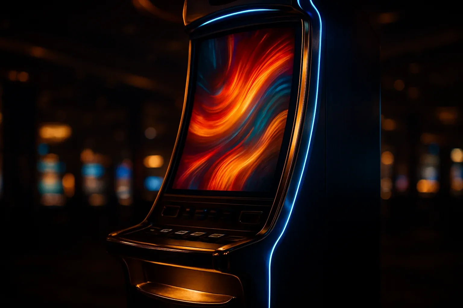 Premium slot machine glowing in dark luxury casino with neon lighting